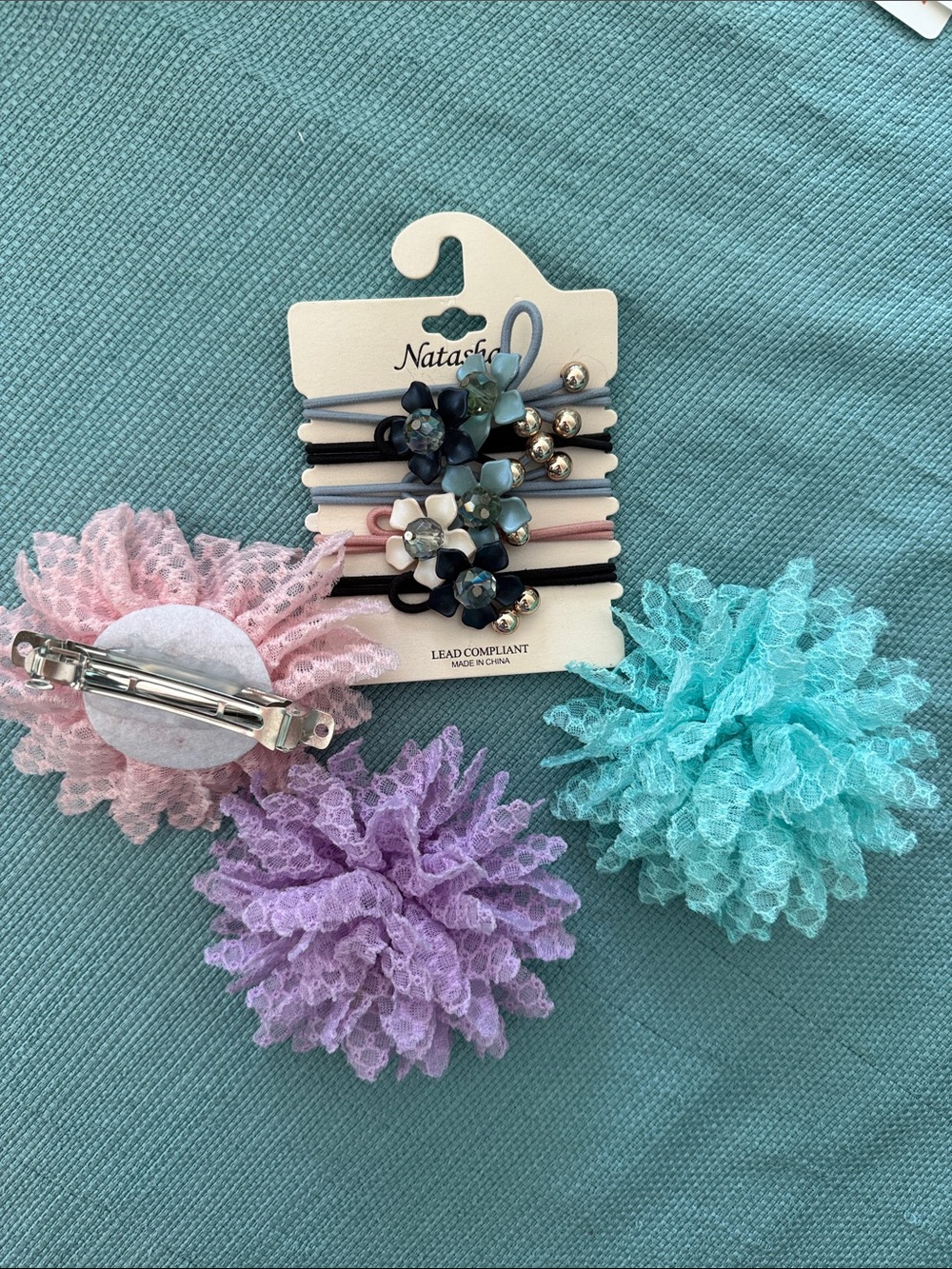 T.J.Maxx Girls Hair Clip & Lace Flower Set in Pink, Purple, Aqua, Black